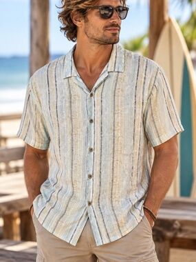 Tommy Bahama Shirt Mens Size Medium Beige Striped Short Sleeve Linen Button Down